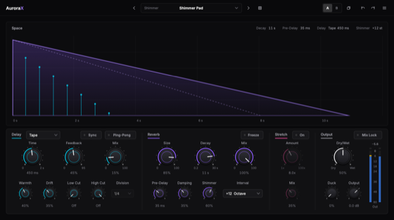 The AuroraX plug-in window, with its purple Space display above the Delay, Reverb, Stretch and Output sections