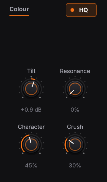 The PrismX Colour section with the HQ switch on and the Tilt, Resonance, Character and Crush knobs