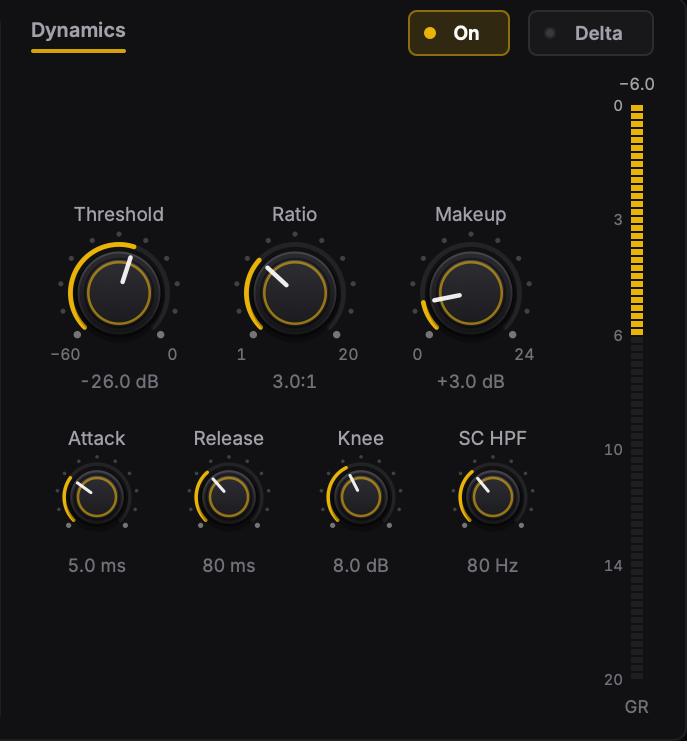 The PrismX Dynamics section: Threshold, Ratio and Makeup knobs, Attack, Release, Knee and SC HPF, the On and Delta switches and the gain-reduction meter