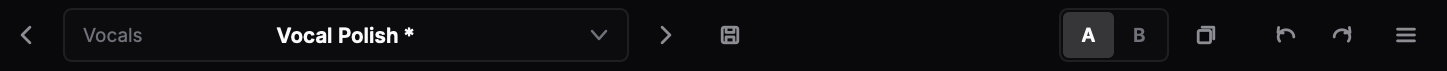 The PrismX header: previous and next preset arrows, the preset name with its category, save, the A and B slots, copy, undo, redo and the menu